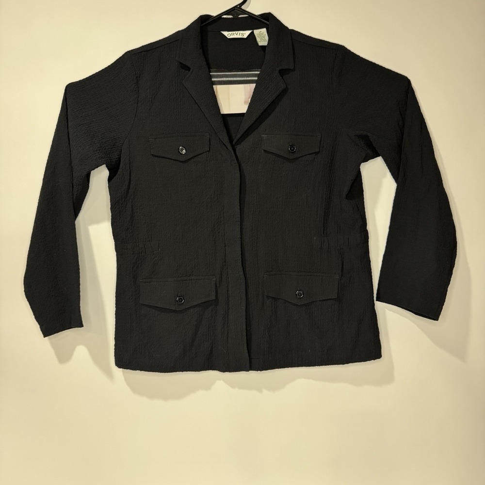Orvis Women's Black Textured Safari/utility Jacket. Lightweight Size L Crinkle